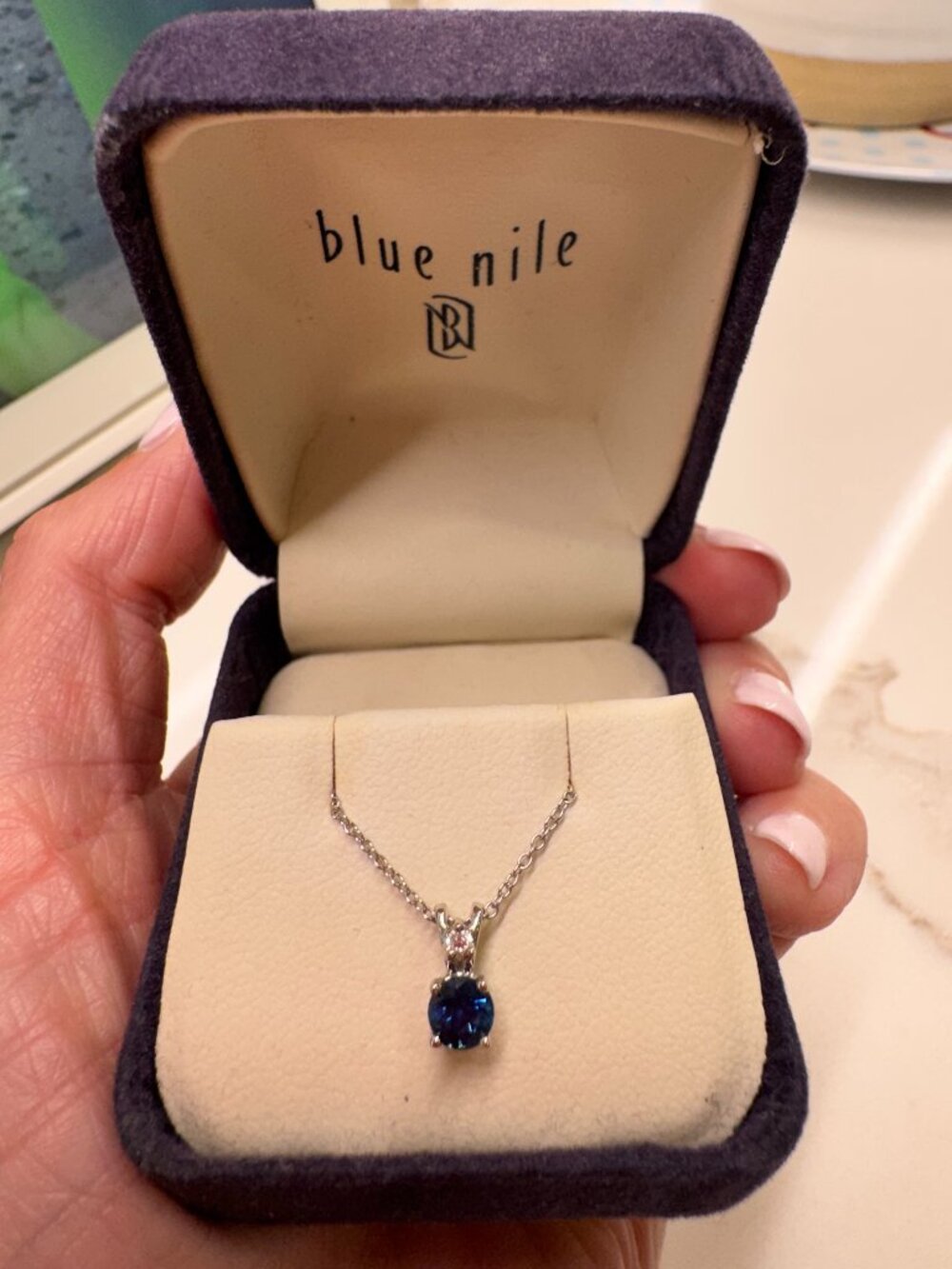 Blue Nile 14k White Gold Sapphire Diamond Pendant Necklace w/ Original Box